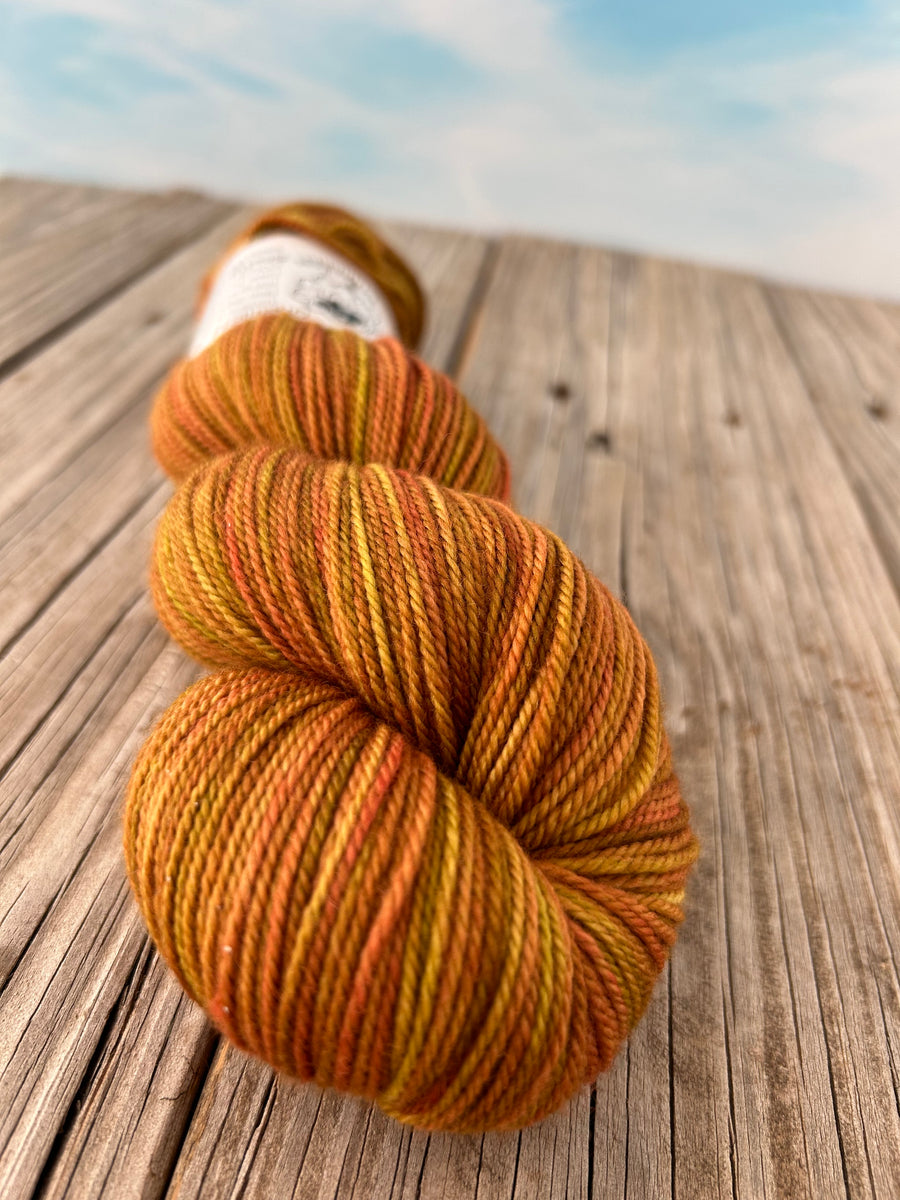 Scallywag, Organic Merino Sport Treasures Yarn, yellow orange harvest