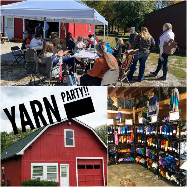 red barn with words yarn party over it plus people sitting and knitting and yarn set up on shelves