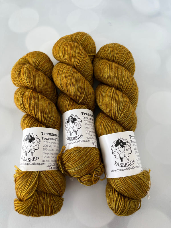 Tarnished Brass, Treasured Yak Toes Sock Yarn, goldenrod yellow yarn