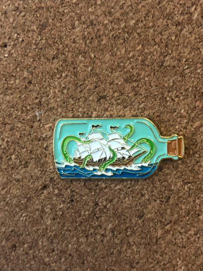 Release the Kraken Enamel Pin, Ship in a Bottle, Octopus