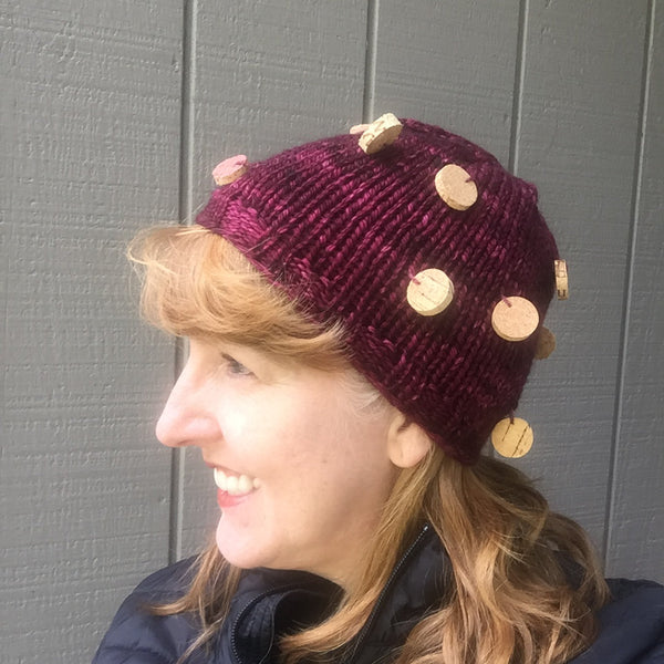 Wine Cork Hat Knitting Pattern handspun PDF bulky yarn hat pattern Digital Download Rose Burgandy Merlot cabernet yarn wine cork diy