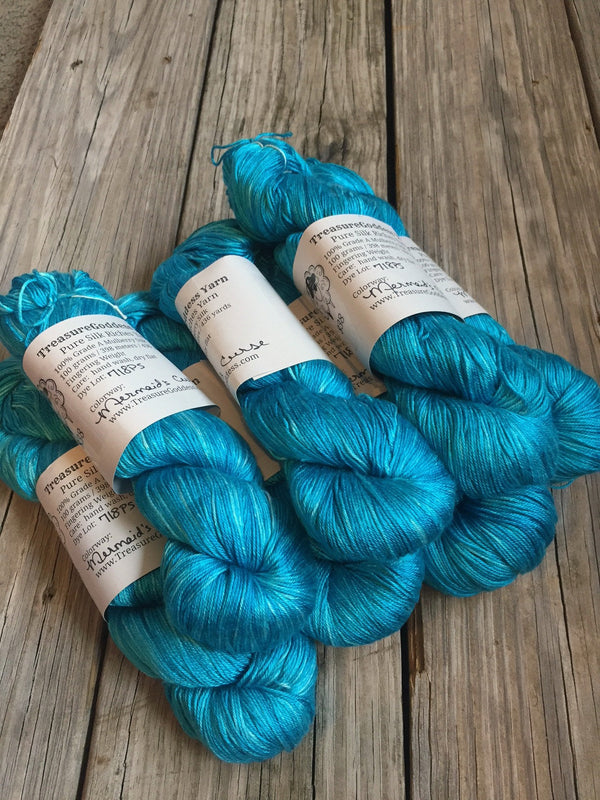 Hand Dyed Silk Yarn, turquoise teal, Mermaid&#39;s Curse, fingering weight yarn, mulberry silk