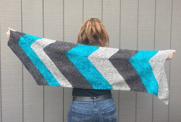 Crochet Shawl Pattern PDF Riptide Rebel Asymmetrical Chevron DK Yarn Digital Download silver treasuregoddess silver gray grey turquoise swm