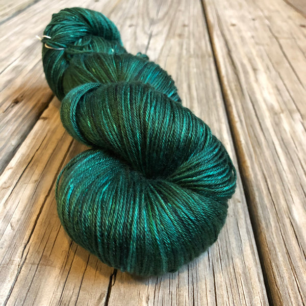 Hand Dyed Silk Yarn, emerald green, Treasure of the Emerald Isle, fingering weight yarn, mulberry silk