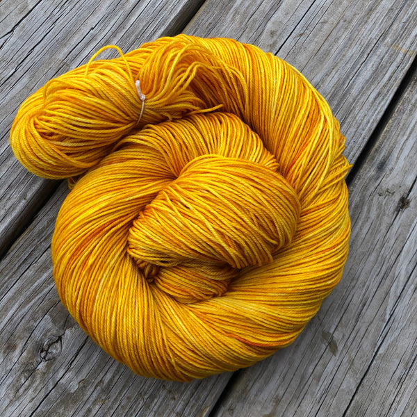 Hand Dyed Sock Yarn, Goldenrod Yellow, Poseidon’s Trident, Treasured Toes Sock Yarn