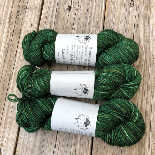 forest green Hand Dyed Worsted Weight Yarn, Land Ho! Treasured Warmth