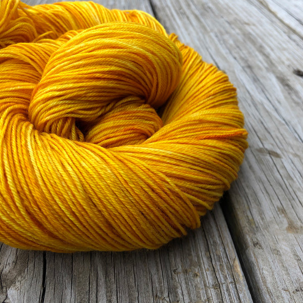 Hand Dyed Sock Yarn, Goldenrod Yellow, Poseidon’s Trident, Treasured Toes Sock Yarn