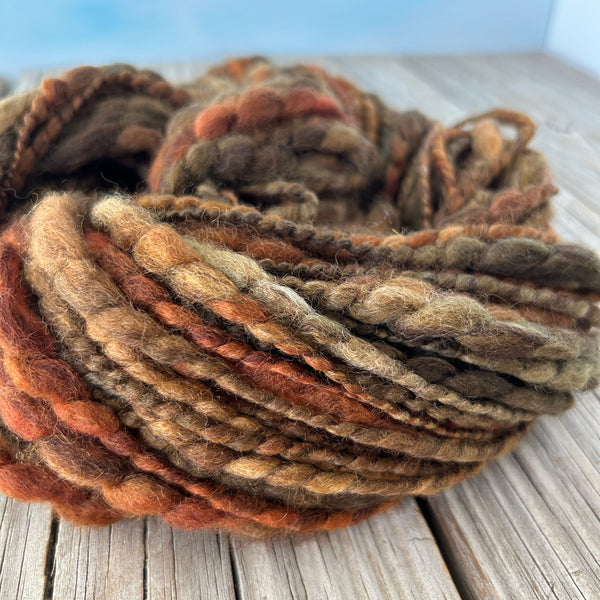 Handspun Art Yarn, Thick & Thin Spiral Plied, Autumn brown copper green, polwarth wool nylon, 78 yards