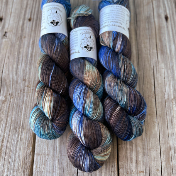 Boot Skeinin Boogie, denim blue brown teal cream hand dyed sock yarn, Treasured Toes Sock Yarn, OOAK
