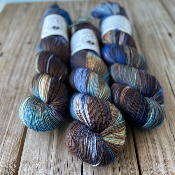 Boot Skeinin Boogie, denim blue brown teal cream hand dyed sock yarn, Treasured Toes Sock Yarn, OOAK
