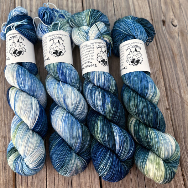 Bouquet of Bluebonnets, blue green cream hand dyed sock yarn, Treasured Toes Sock Yarn, OOAK