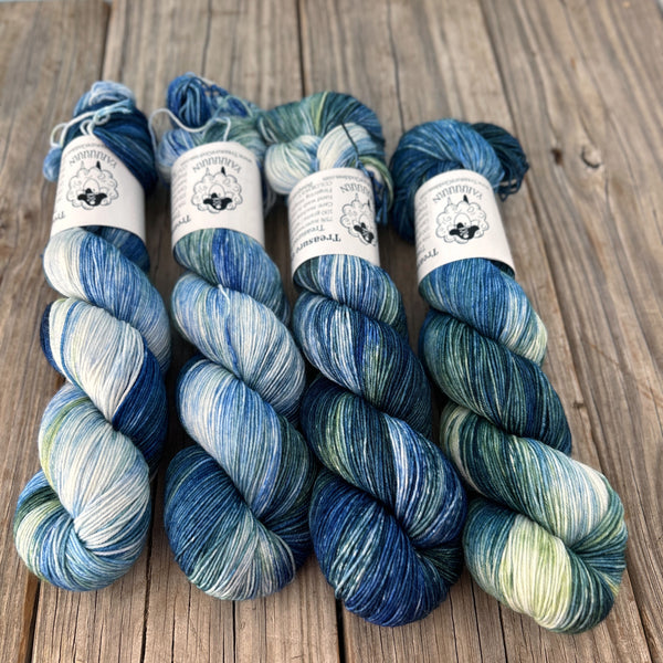 Bouquet of Bluebonnets, blue green cream hand dyed sock yarn, Treasured Toes Sock Yarn, OOAK