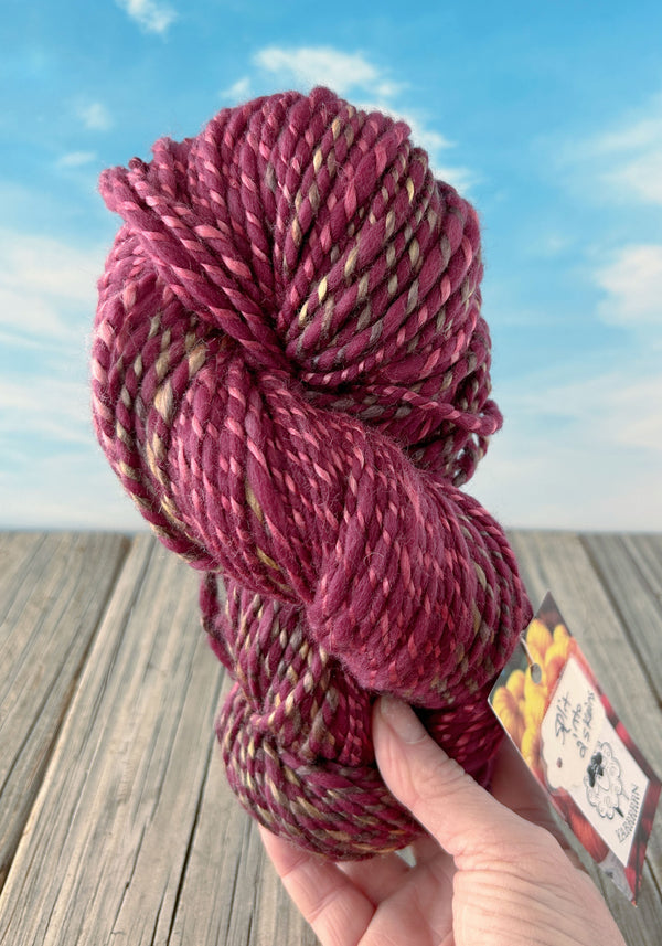 Handspun Bulky Yarn, Polwarth Wool Tussah Silk, burgundy wine, 2 ply, 153 yards