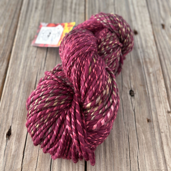 Handspun Bulky Yarn, Polwarth Wool Tussah Silk, burgundy wine, 2 ply, 153 yards