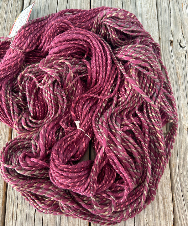 Handspun Bulky Yarn, Polwarth Wool Tussah Silk, burgundy wine, 2 ply, 153 yards