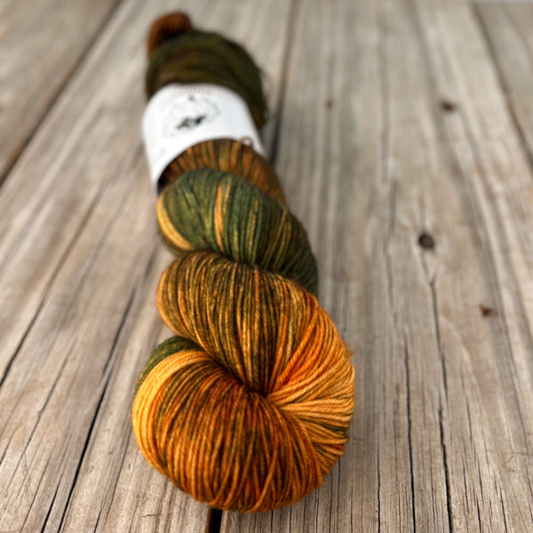 Captain Redhead's Autumn, orange green gold hand dyed sock yarn, Treasured Toes Sock Yarn, OOAK