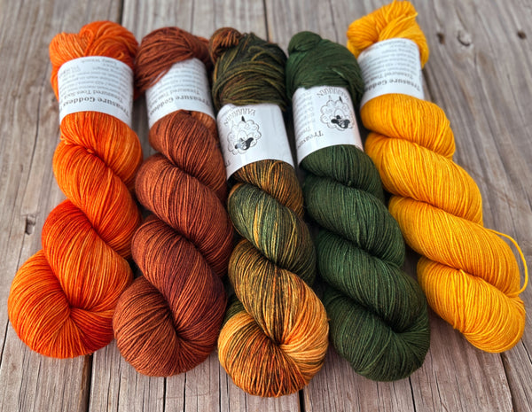 Captain Redhead's Autumn, orange green gold hand dyed sock yarn, Treasured Toes Sock Yarn, OOAK