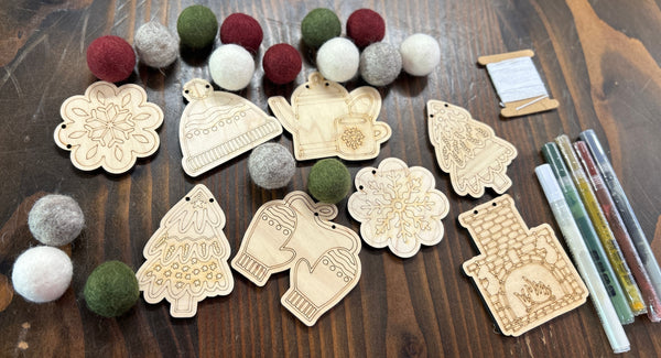 Christmas Memories DIY Garland Kit - Fireplace, Mittens, Snowflake - Color Your Own Ornaments
