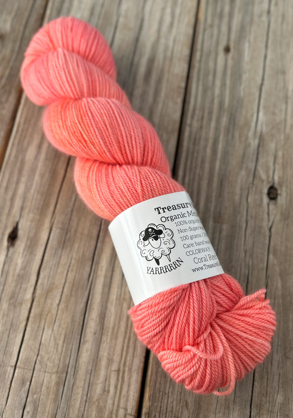 Coral Reef, Coral Pink Peach, Organic Merino Sport Treasures Yarn, hand dyed yarn
