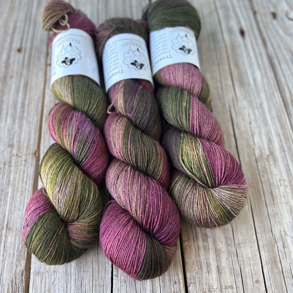 Dahlias, berry magenta green hand dyed sock yarn, Treasured Yak Toes Sock Yarn, OOAK