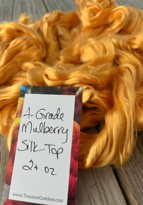 Yellow Orange Dyed Mulberry Silk Combed Top, Bombyx Cultivated Silk Spinning Fiber Roving, 2oz