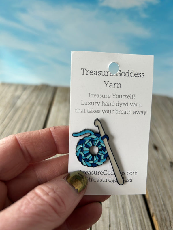 Blue Crochet Stitches and Hook Enamel Pin