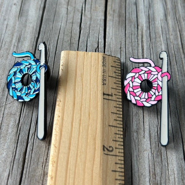 Blue Crochet Stitches and Hook Enamel Pin