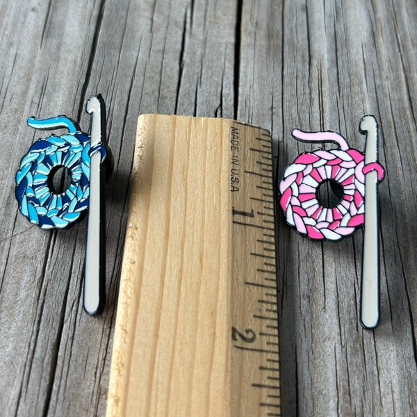 Pink or Blue Crochet Stitches and Hook Enamel Pin