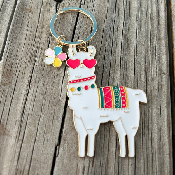 Alpaca Love Keychain, enamel llama with flower key chain