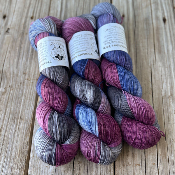 KC Nights, berry pink blue gray hand dyed sock yarn, Treasured Toes Sock Yarn, OOAK