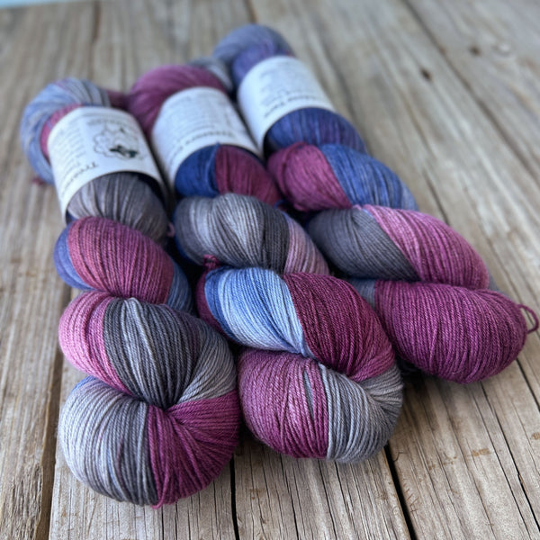 KC Nights, berry pink blue gray hand dyed sock yarn, Treasured Toes Sock Yarn, OOAK