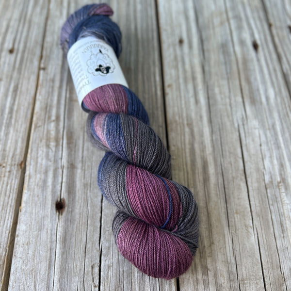 KC Nights, berry pink blue gray hand dyed sock yarn, Treasured Yak Toes Sock Yarn, OOAK