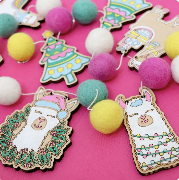 Fa La La Lllama DIY Garland Kit - Llama Christmas - Color Your Own Ornaments