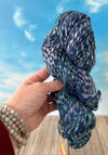 Handspun Bulky Yarn, Polwarth Wool and Tussah Silk, navy blue teal green, 2 ply, 134 yards