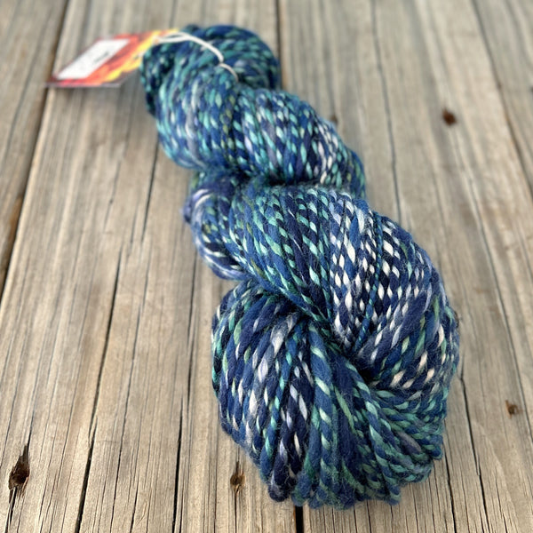 Handspun Bulky Yarn, Polwarth Wool and Tussah Silk, navy blue teal green, 2 ply, 134 yards