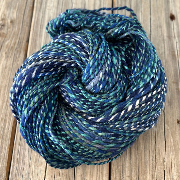 Handspun Bulky Yarn, Polwarth Wool and Tussah Silk, navy blue teal green, 2 ply, 134 yards