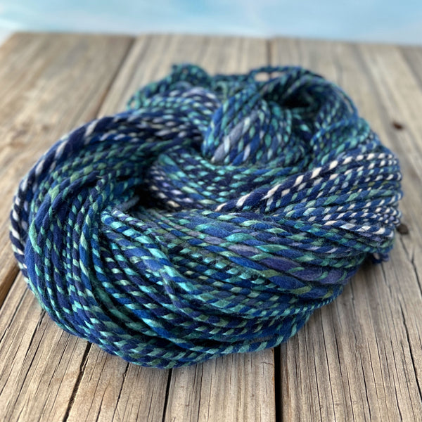 Handspun Bulky Yarn, Polwarth Wool and Tussah Silk, navy blue teal green, 2 ply, 134 yards