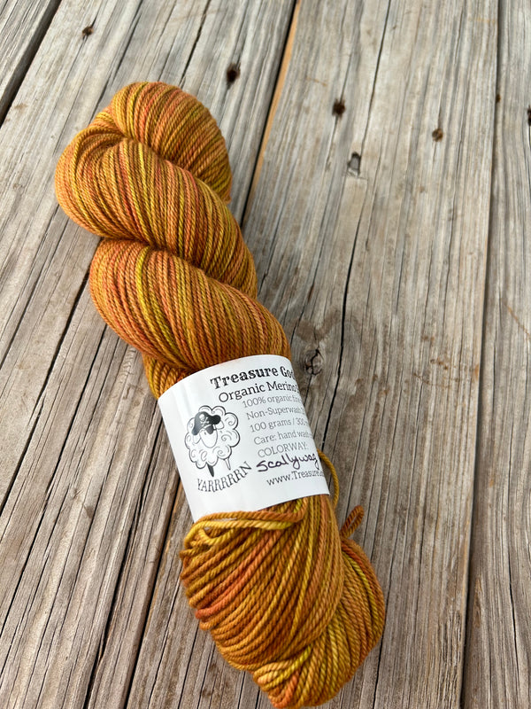 Scallywag, Organic Merino Sport Treasures Yarn, yellow orange harvest yarn