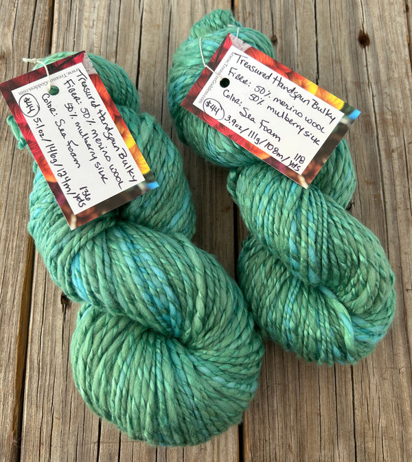 Handspun Bulky Yarn, Merino Wool Mulberry Silk, spring green, 2 ply, 136 yards