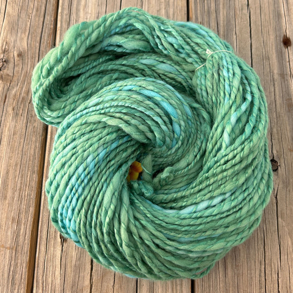 Handspun Bulky Yarn, Merino Wool Mulberry Silk, spring green, 2 ply, 136 yards
