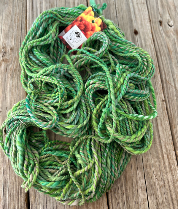 Handspun Bulky Yarn, Merino Wool Mulberry Silk, spring green, 2 ply, 136 yards