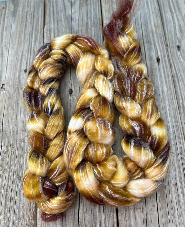 Golden Brown Superwash Merino Bamboo Combed Top, hand dyed luxury spinning fiber