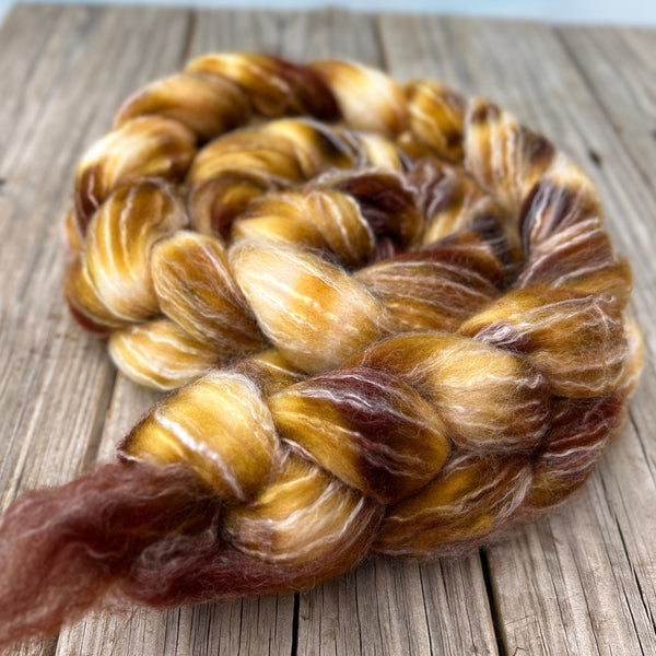Golden Brown Superwash Merino Bamboo Combed Top, hand dyed luxury spinning fiber