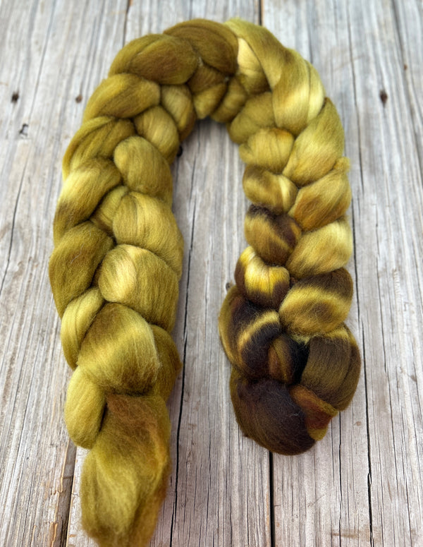 Green Gold Targhee Wool Combed Top, hand dyed luxury spinning fiber, non super wash wool