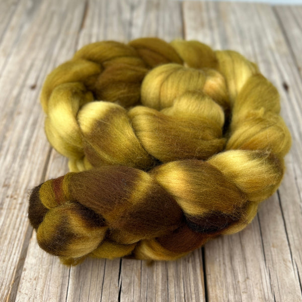 Green Gold Targhee Wool Combed Top, hand dyed luxury spinning fiber, non super wash wool