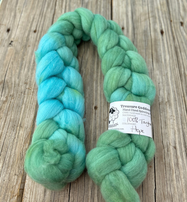 Hope Blue Green Targhee Wool Combed Top, hand dyed luxury spinning fiber, non super wash wool