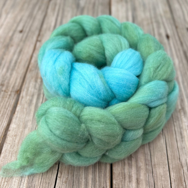Hope Blue Green Targhee Wool Combed Top, hand dyed luxury spinning fiber, non super wash wool