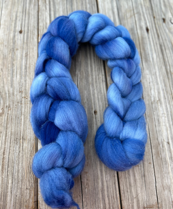 Moody Blue Targhee Wool Combed Top, hand dyed luxury spinning fiber, non super wash wool