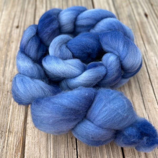 Moody Blue Targhee Wool Combed Top, hand dyed luxury spinning fiber, non super wash wool