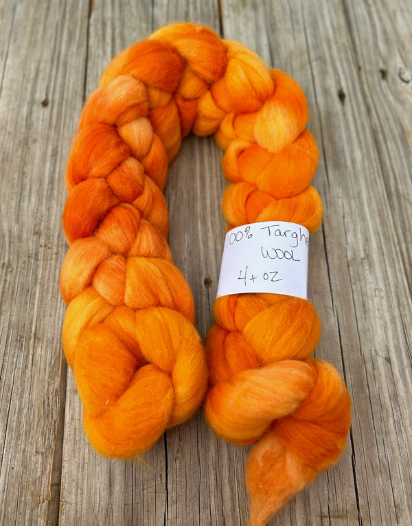 Orange Targhee Wool Combed Top, hand dyed luxury spinning fiber, non super wash wool